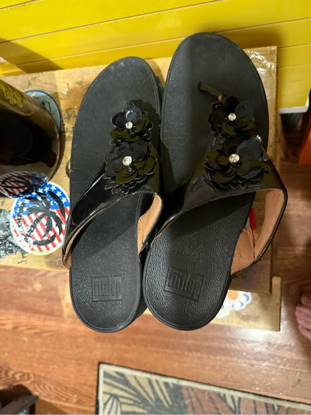 FitFlop Black Floral Toe-Post Sandal with Rhinestone Detail